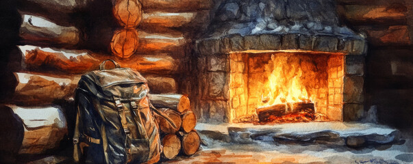 backpack rests beside cozy fireplace in log cabin, surrounded by wooden logs. warm glow of fire creates welcoming atmosphere, perfect for relaxation
