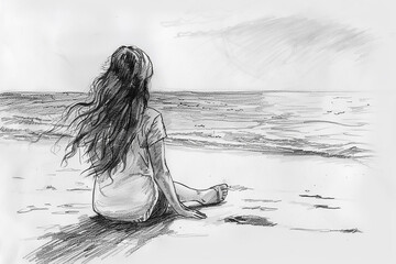 quick pencil sketch drawing woman at the sea