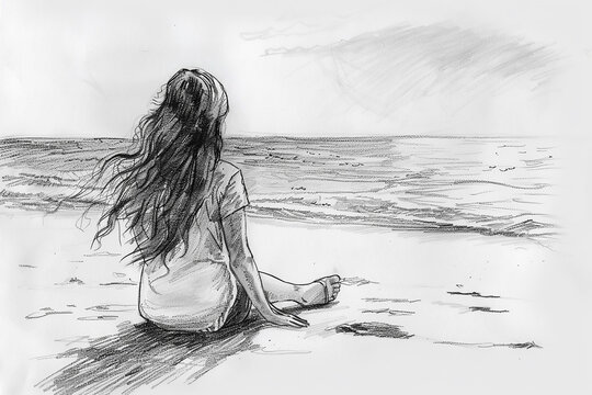 quick pencil sketch drawing woman at the sea