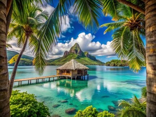 Fototapeta premium Bora Bora Overwater Bungalow Paradise: Palm Trees Frame Tropical Lagoon