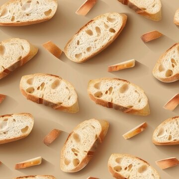 Seamless pattern with slices of baguette bread on a warm minimal background, bakery food texture