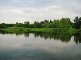 Serene lake reflecting lush green trees under a cloudy sky. Perfect for a peaceful nature background.