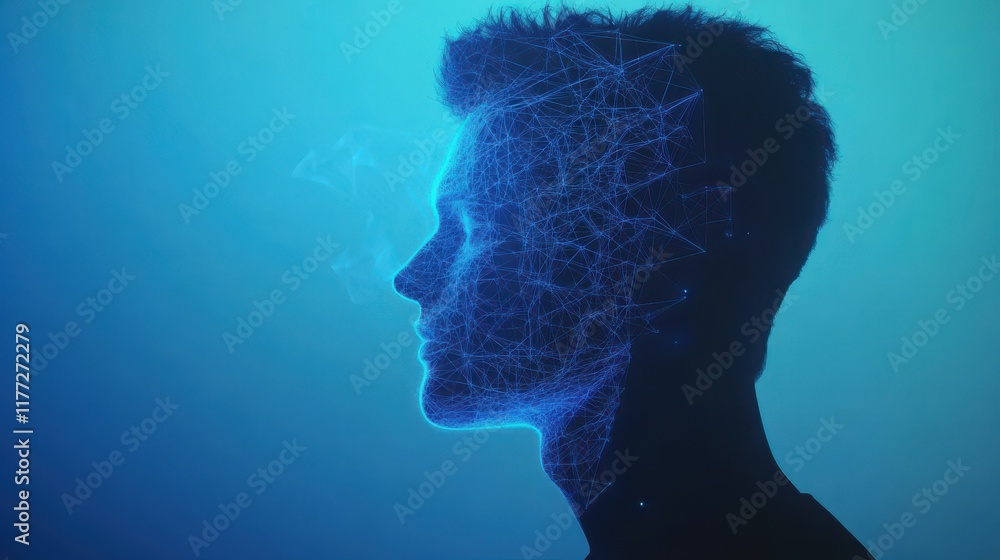Poster man profile silhouette with abstract polygonal brain on blue background. artificial intelligence and