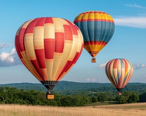 Romantic Valentine flight of colorful hot air balloons soaring above meadows under a vivid blue sky