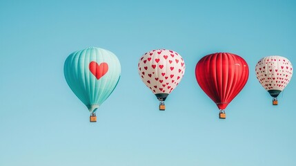 Obraz premium Romantic fleet of Valentine hot air balloons, each unique in heart designs, under a crystalclear sky