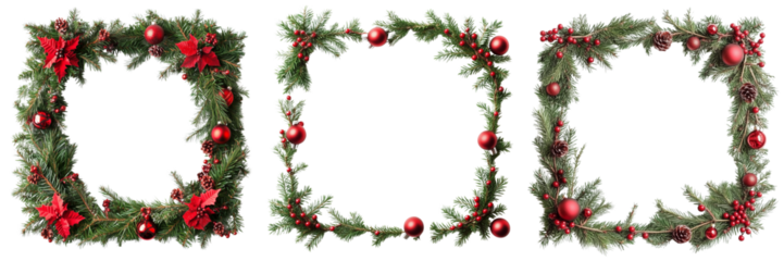 Set of A luxurious Christmas wreath with silver ribbons, sparkling snowflakes, and red berries on transparent png background
