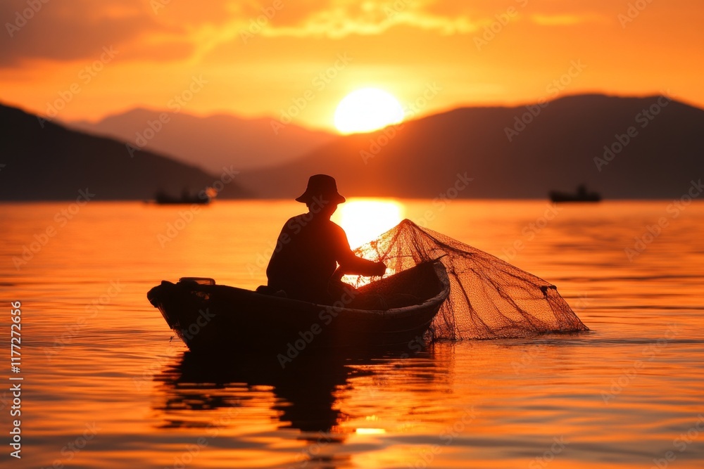Poster a fisherman casting his net on the coast of cres island, with the morning light creating a peaceful 