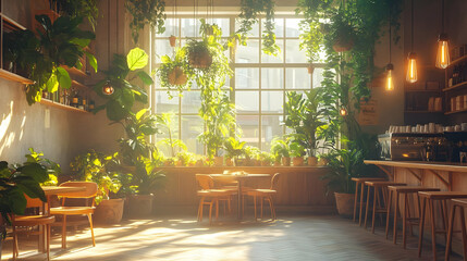 Sunlit Cafe Interior Illustration -  Warm Light, Green Plants, Wooden Furniture