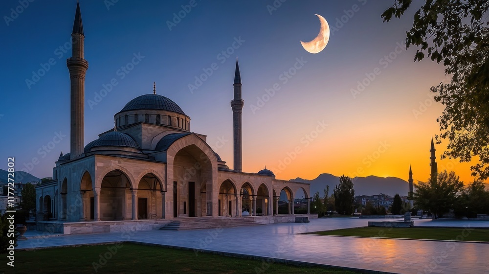 Poster a mosque at sunset with a crescent moon in the sky, showcasing serene architecture.