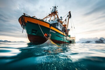 Fototapeta premium A fishing trawler harvesting krill in a vast open ocean, with nets pulling up shimmering clusters of the tiny crustaceans