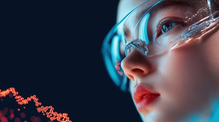 Young scientist in protective eyewear examines data visualization in a lab setting