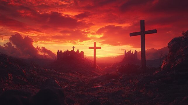 morning vibes with red sky three cross on the hill of golgotha jesus bible easter christmas