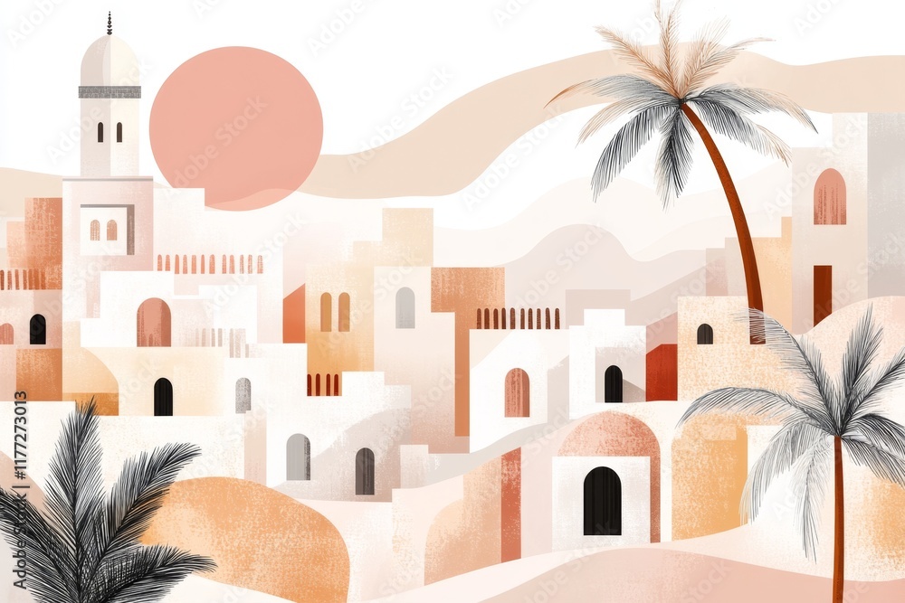Aufkleber a flat design of a ksar courtyard, with simplified mudbrick structures and palm trees illustrated in