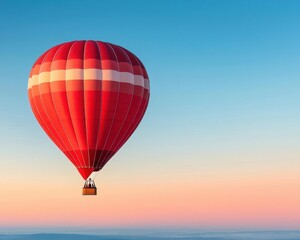 Fototapeta premium Valentinethemed hot air balloon glowing softly at dusk, flying into a serene, cloudless horizon