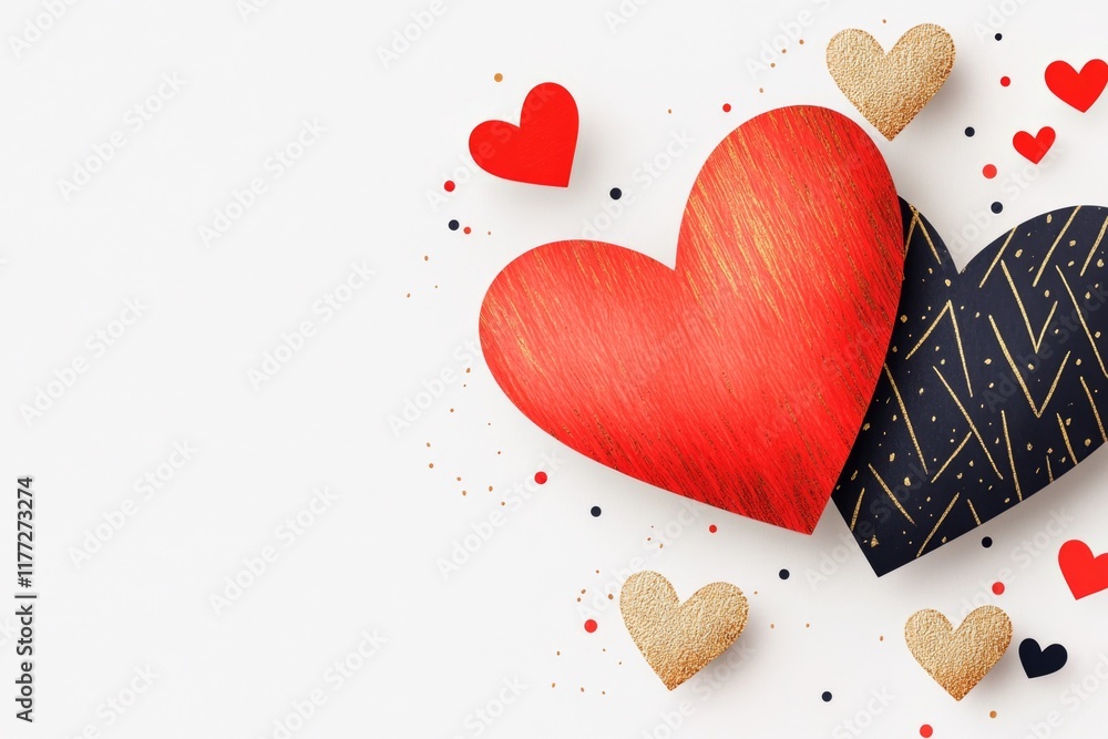 Poster a flat design of two interlocking hearts with bold geometric shapes, one in red and the other in gol