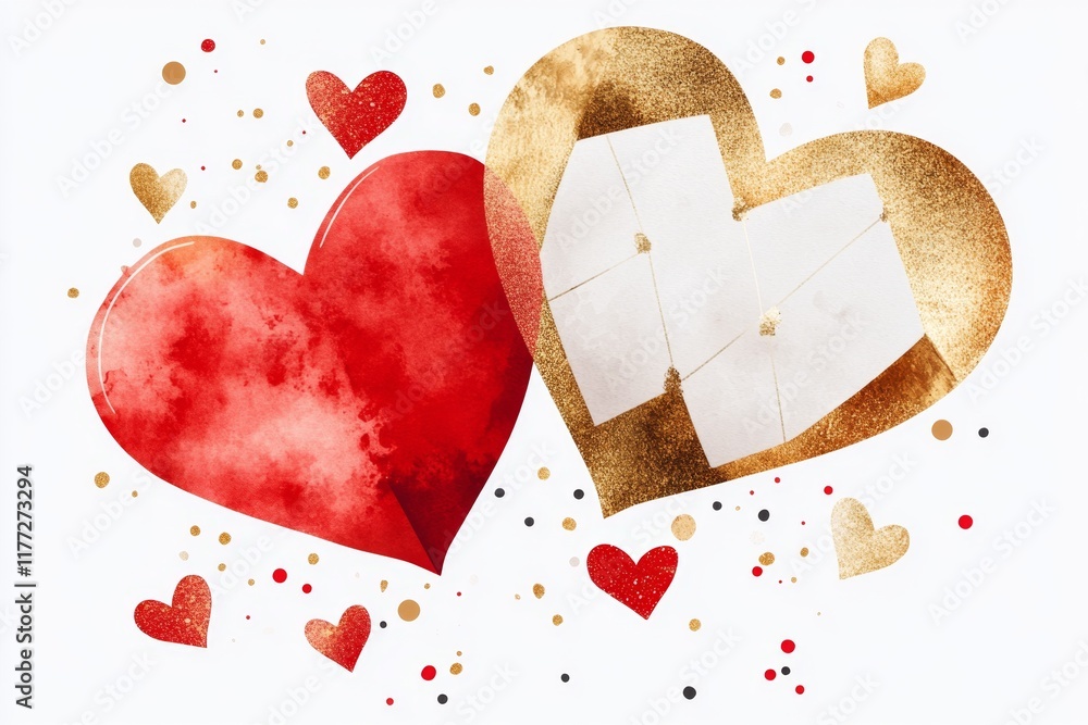 Poster A flat design of two interlocking hearts with bold geometric shapes, one in red and the other in gold