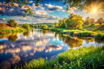 Obraz premium Breathtaking Konka River Landscape, Krynki Village, Kherson Region, Ukraine - Scenic Bokeh Photography