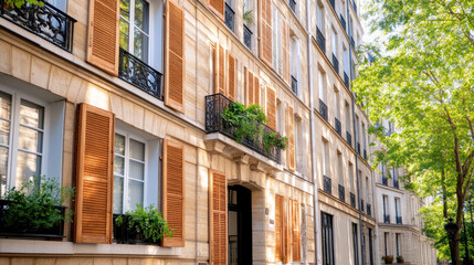 Fototapeta premium Historic Parisian building with charming shutters and greenery