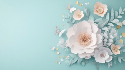 Fototapeta premium Elegant paper flowers and butterflies on a pastel blue background. Delicate and charming floral art.