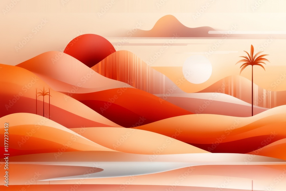 Poster a flat illustration of an oasis ksar with clean lines and muted desert tones, emphasizing the water 