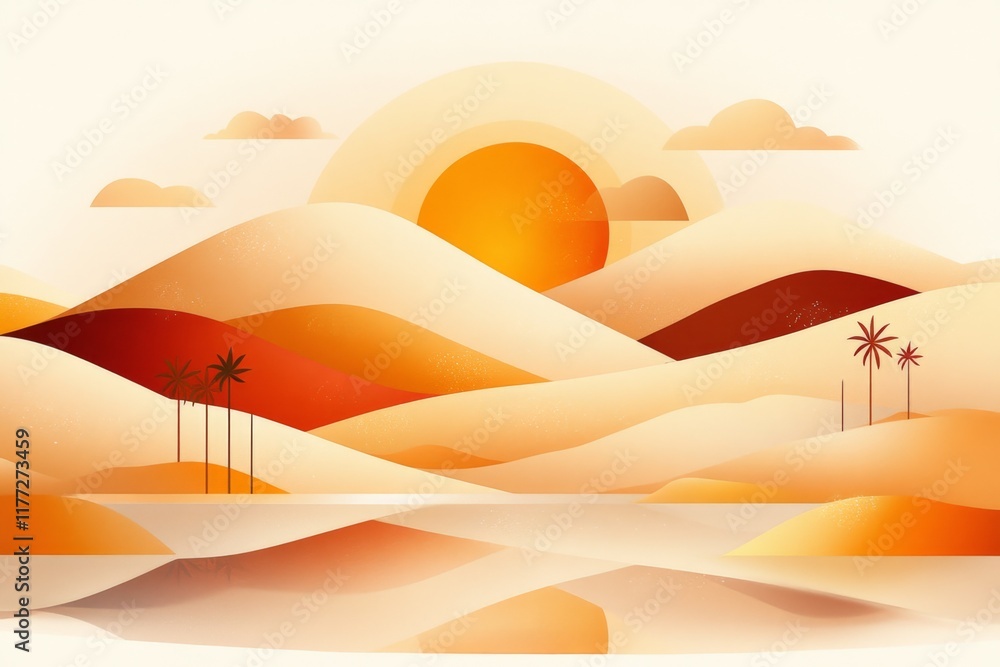 Poster a flat illustration of an oasis ksar with clean lines and muted desert tones, emphasizing the water 