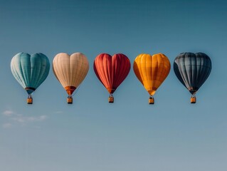 Fototapeta premium Hot air balloons in a heart formation, soaring in sync under a bright and cloudless Valentine morning