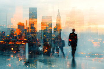 Double exposure of city skyline with business figures at sunset