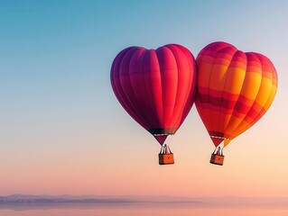 Fototapeta premium Heartadorned hot air balloons casting golden reflections at sunrise, set against a clear Valentine horizon