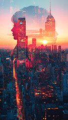 Fototapeta premium stunning cityscape at sunset, featuring silhouette of woman