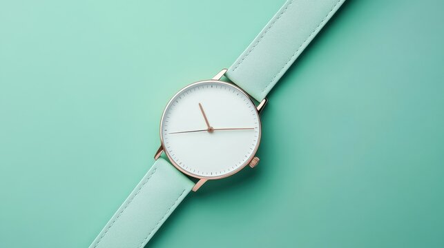 A stylish wristwatch placed diagonally on a fresh green background