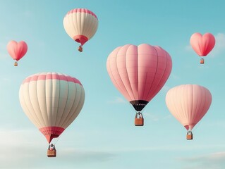 Fototapeta premium Romantic Valentine scene with hot air balloons filling the sky with heartshaped designs