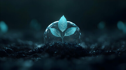 Obraz premium A delicate green leaf emerging from the ground, encapsulated in a shimmering bubble, symbolizing new growth.