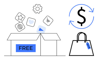 Open box labeled FREE with floating app icons, shopping bag with tag, dollar sign in refresh arrow circle. Ideal for e-commerce, digital offers, marketing, special deals, user engagement, online