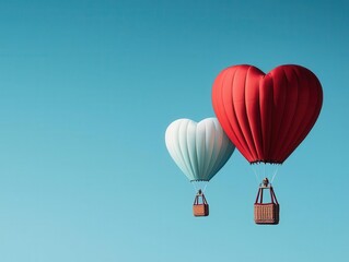 Fototapeta premium Couples in individual heartpatterned hot air balloons, floating under a flawless blue Valentine sky