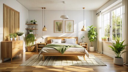 Obraz premium Bright Airy Minimalist Bedroom with Wood Accents - Stock Photo