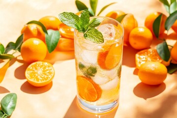 A glass of kumquat-infused water with ice cubes and mint, surrounded by fresh kumquats on a sunny table