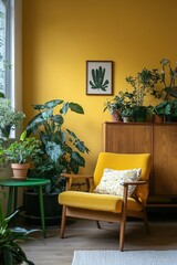 Yellow living room interior design. a beige sideboard, a stylish armchair, a green coffee table, plants in flower pots