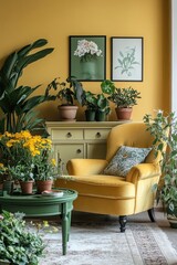 Yellow living room interior design. a beige sideboard, a stylish armchair, a green coffee table, plants in flower pots