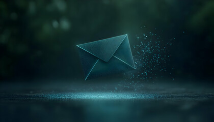 A glowing blue envelope floats in a misty atmosphere, symbolizing digital communication and connection.