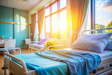 Obraz premium Bright Hospital Room Macro: Patient Resting in Bed, Soft Focus Background