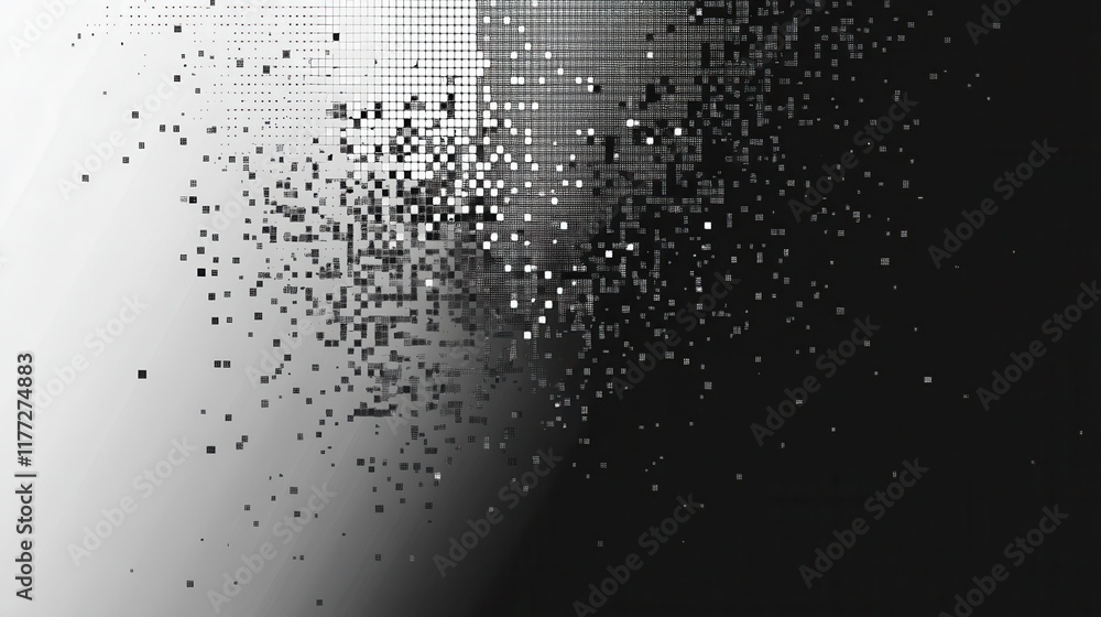 Poster pixel mosaic. pixelated pattern, dispersion grayscale background. business art gradient, square flyi