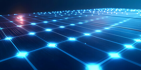 Futuristic grid of solar cells glowing with blue light, showcasing renewable energy technology and innovation. vibrant illumination highlights efficiency of solar power