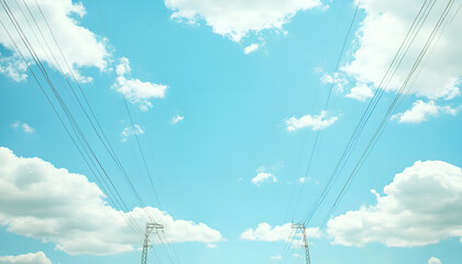 Fototapeta premium Power transmission lines and blue sky with clouds. Symmetry image