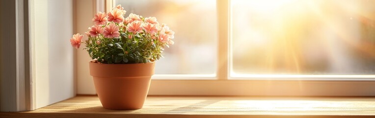 A rustic wooden shelf in soft daylight with a potted plant, conveying simplicity, nostalgia, and natural decor for cozy interiors or product styling.