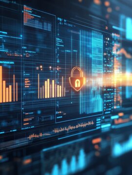Abstract internet safety and security interface with padlock and business charts on blurry blue background. Secure and cyber concept. 3D Rendering