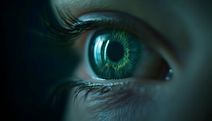 Fototapeta premium Close-up of a green eye, showcasing intricate details and vibrant colors against a dark background.