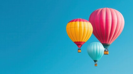 Fototapeta premium Hot air balloons in soft pastel Valentine colors rising against a deep blue, cloudfree sky