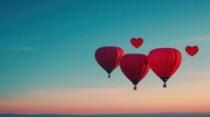 Fototapeta premium Heartfilled hot air balloons floating at sunset, creating a dreamy Valentine atmosphere under a clear sky