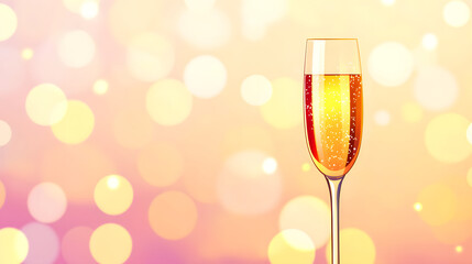 glowing champagne flute filled with sparkling drink against soft bokeh background creates festive atmosphere. Perfect for celebrations and special occasions