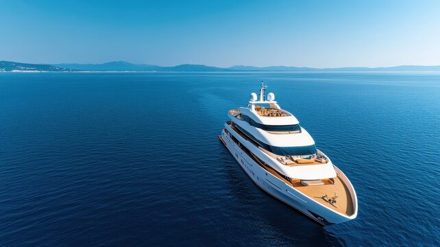 Luxurious yacht glides gracefully across the tranquil waters, embodying elegance and sophistication on the open sea.